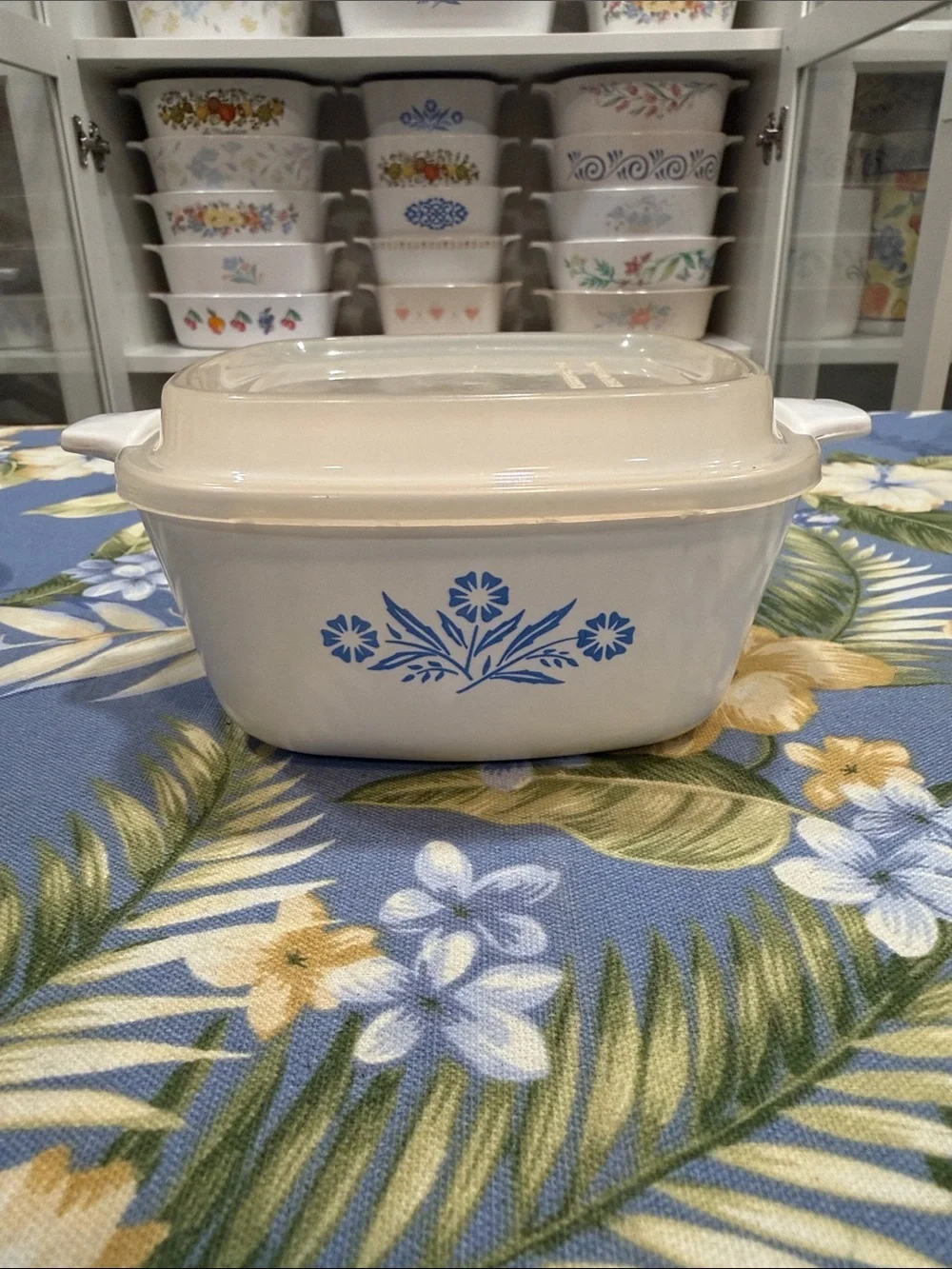Corningware White Casserole with Blue Cornflower Design and Plastic Lid